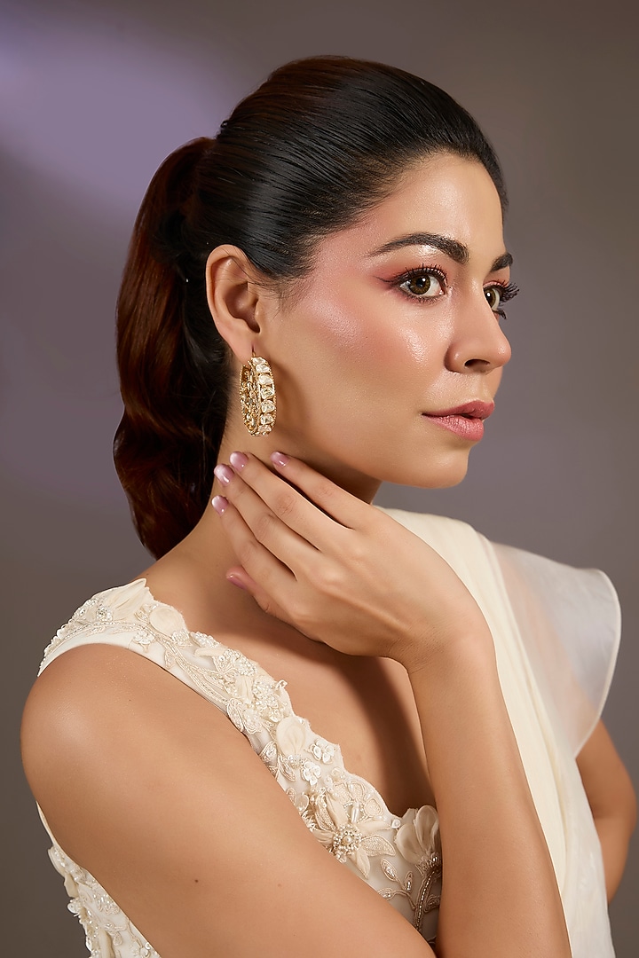 Gold Finish Kundan Polki Hoop Earrings by Vivinia By Vidhi Mehra at Pernia's Pop Up Shop