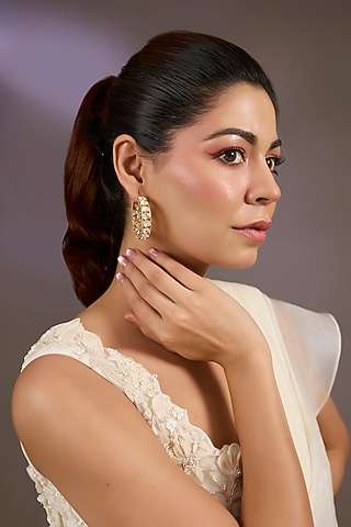 Gold Finish Kundan Polki Hoop Earrings by Vivinia By Vidhi Mehra
