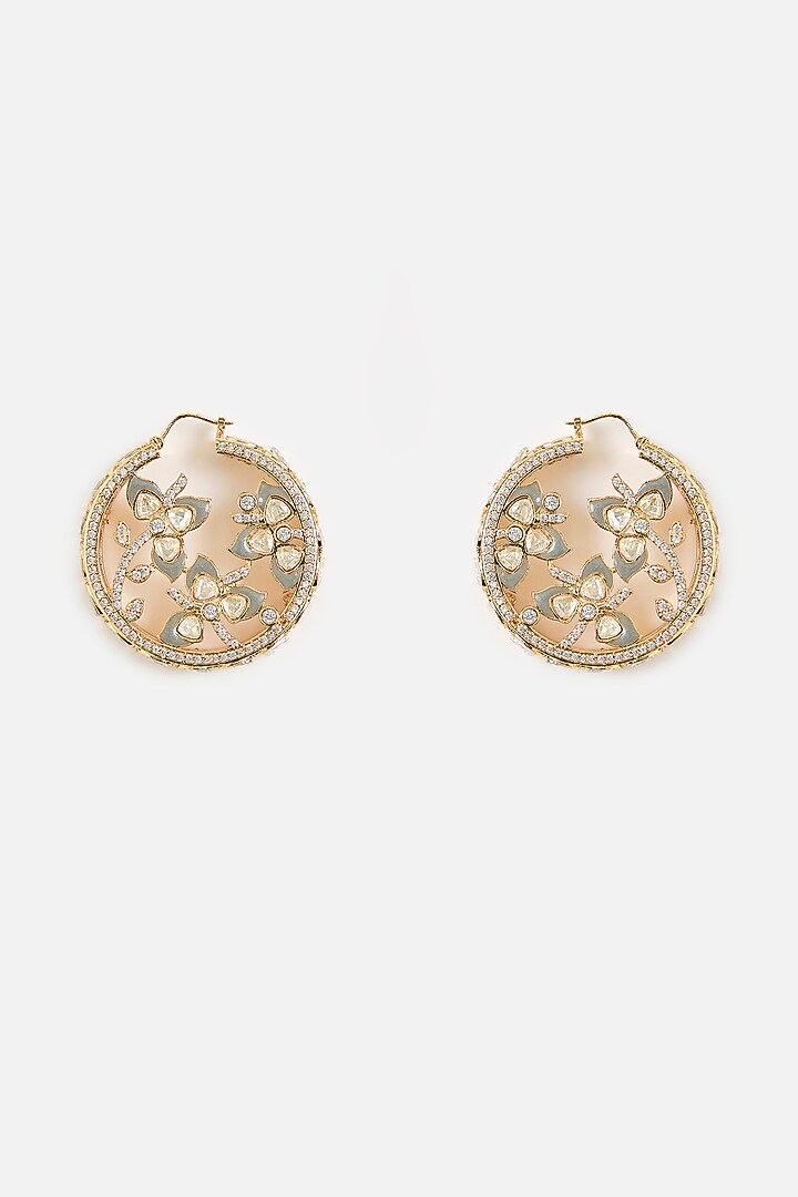 Gold Finish Kundan Polki Hoop Earrings by Vivinia By Vidhi Mehra at Pernia's Pop Up Shop