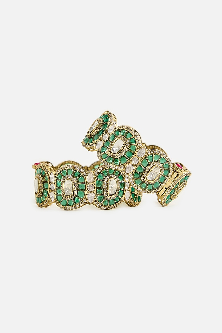 Gold Finish Kundan Polki & Green Stone Bangles (Set Of 2) by Vivinia By Vidhi Mehra at Pernia's Pop Up Shop