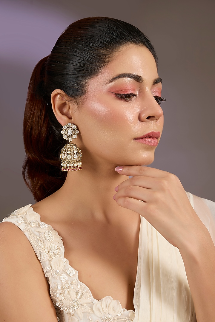 Gold Finish Kundan Polki & Pearl Drop Jhumka Earrings by Vivinia By Vidhi Mehra at Pernia's Pop Up Shop