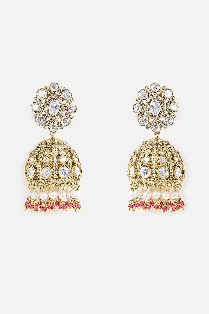 Gold Finish Kundan Polki & Pearl Drop Jhumka Earrings by Vivinia By Vidhi Mehra at Pernia's Pop Up Shop