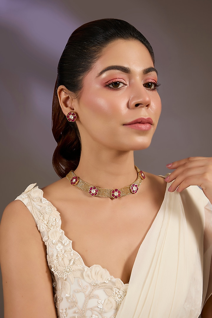 Gold Finish Ruby Stone Choker Necklace Set by Vivinia By Vidhi Mehra at Pernia's Pop Up Shop