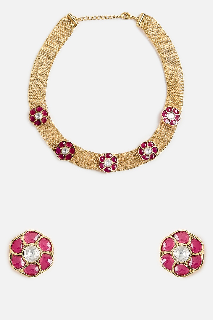 Gold Finish Ruby Stone Choker Necklace Set by Vivinia By Vidhi Mehra at Pernia's Pop Up Shop