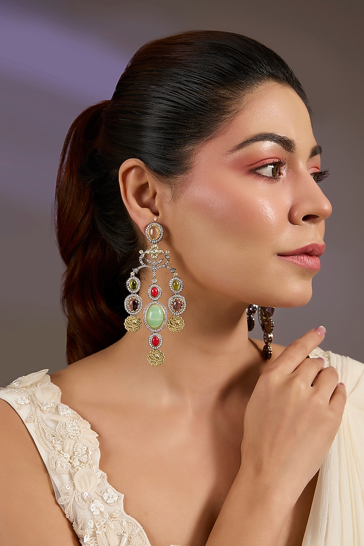 Gold Finish Multi-Colored Synthetic Stone Dangler Earrings by Vivinia By Vidhi Mehra at Pernia's Pop Up Shop