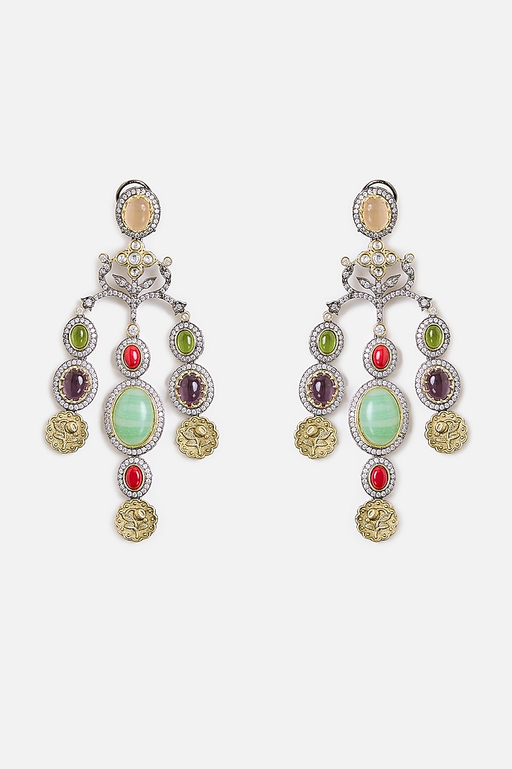 Gold Finish Multi-Colored Synthetic Stone Dangler Earrings by Vivinia By Vidhi Mehra at Pernia's Pop Up Shop