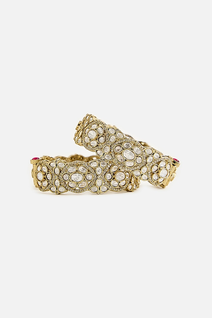 Gold Finish Moissanite Polki Bangles (Set Of 2) by Vivinia By Vidhi Mehra at Pernia's Pop Up Shop