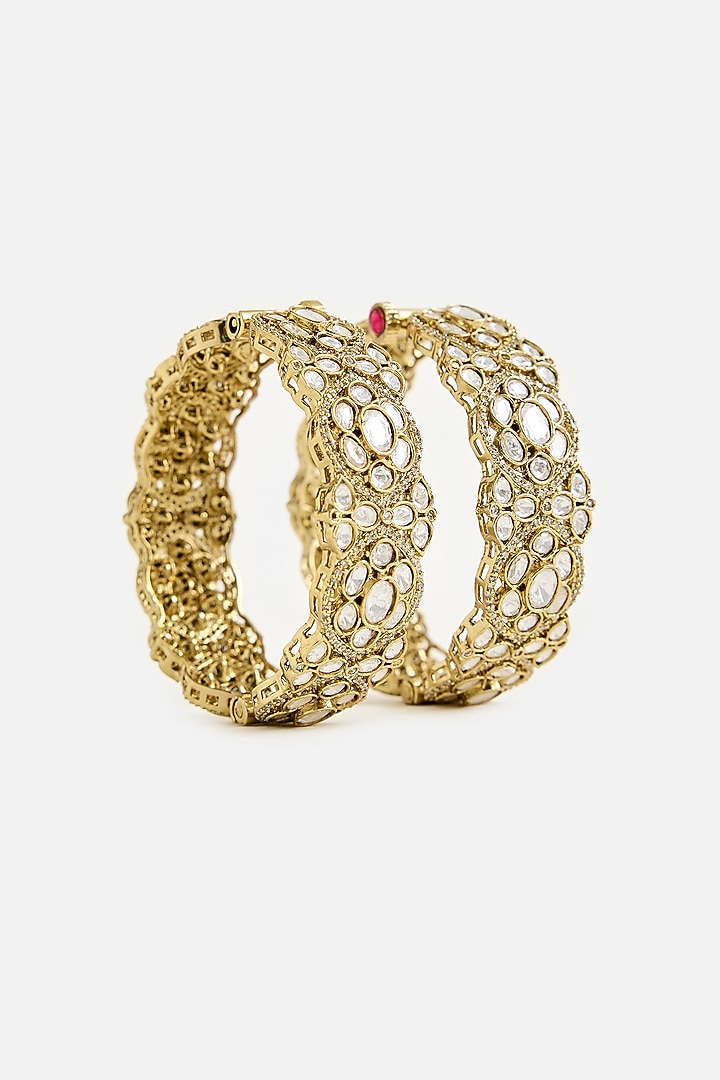 Gold Finish Moissanite Polki Bangles (Set Of 2) by Vivinia By Vidhi Mehra at Pernia's Pop Up Shop