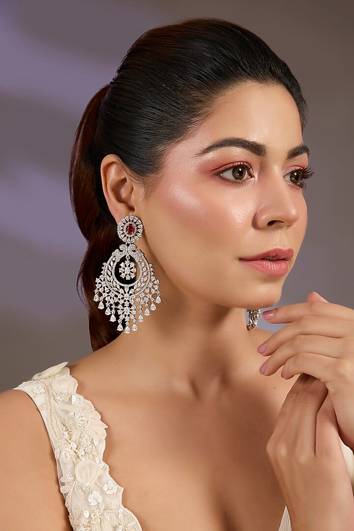 White Finish Cubic Zircon & Red Onyx Chandbali Earrings by Vivinia By Vidhi Mehra at Pernia's Pop Up Shop