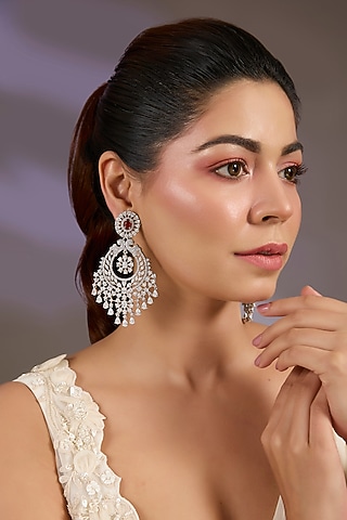White Finish Cubic Zircon & Red Onyx Chandbali Earrings by Vivinia By Vidhi Mehra
