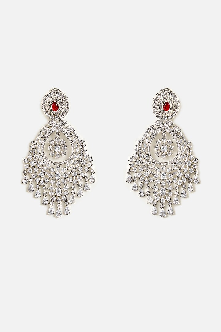 White Finish Cubic Zircon & Red Onyx Chandbali Earrings by Vivinia By Vidhi Mehra at Pernia's Pop Up Shop