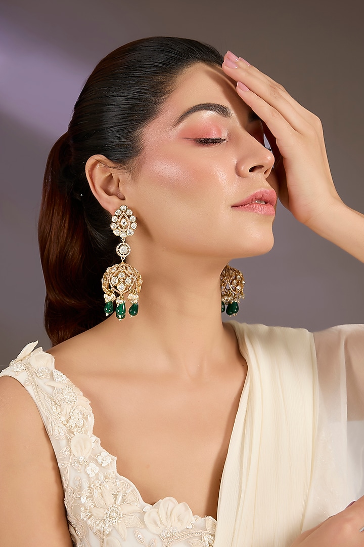 Gold Finish Emerald Green Drop & Kundan Polki Dangler Earrings by Vivinia By Vidhi Mehra at Pernia's Pop Up Shop