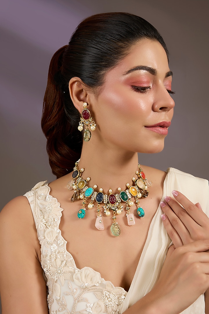 Gold Finish Multi-Colored Gemstone Choker Necklace Set by Vivinia By Vidhi Mehra at Pernia's Pop Up Shop