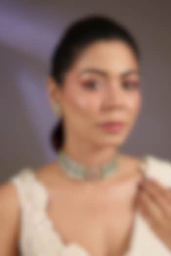 Gold Finish Kundan Polki & Pastel Mint Stone Choker Necklace Set by Vivinia By Vidhi Mehra at Pernia's Pop Up Shop