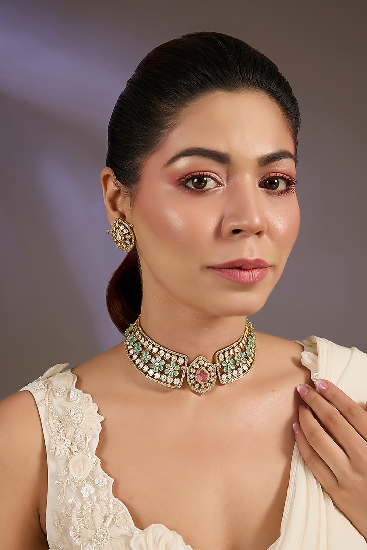 Gold Finish Kundan Polki & Pastel Mint Stone Choker Necklace Set by Vivinia By Vidhi Mehra at Pernia's Pop Up Shop