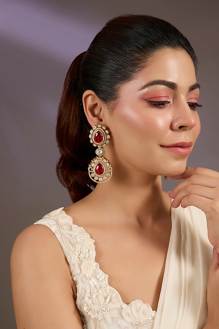 Gold Finish Ruby Stone Dangler Earrings by Vivinia By Vidhi Mehra at Pernia's Pop Up Shop