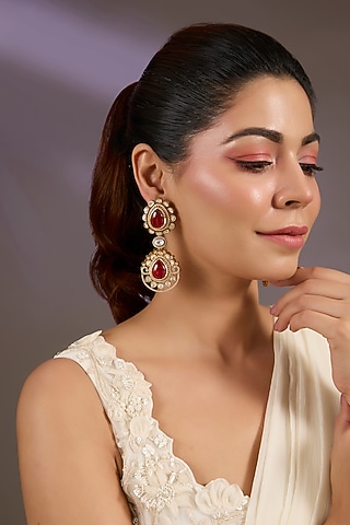 Gold Finish Ruby Stone Dangler Earrings by Vivinia By Vidhi Mehra