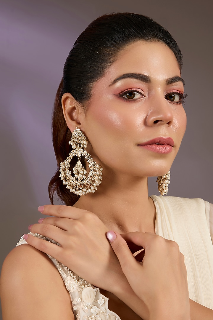 Gold Finish Pearl Chandbali Earrings by Vivinia By Vidhi Mehra at Pernia's Pop Up Shop