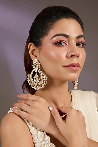 Gold Finish Pearl Chandbali Earrings by Vivinia By Vidhi Mehra