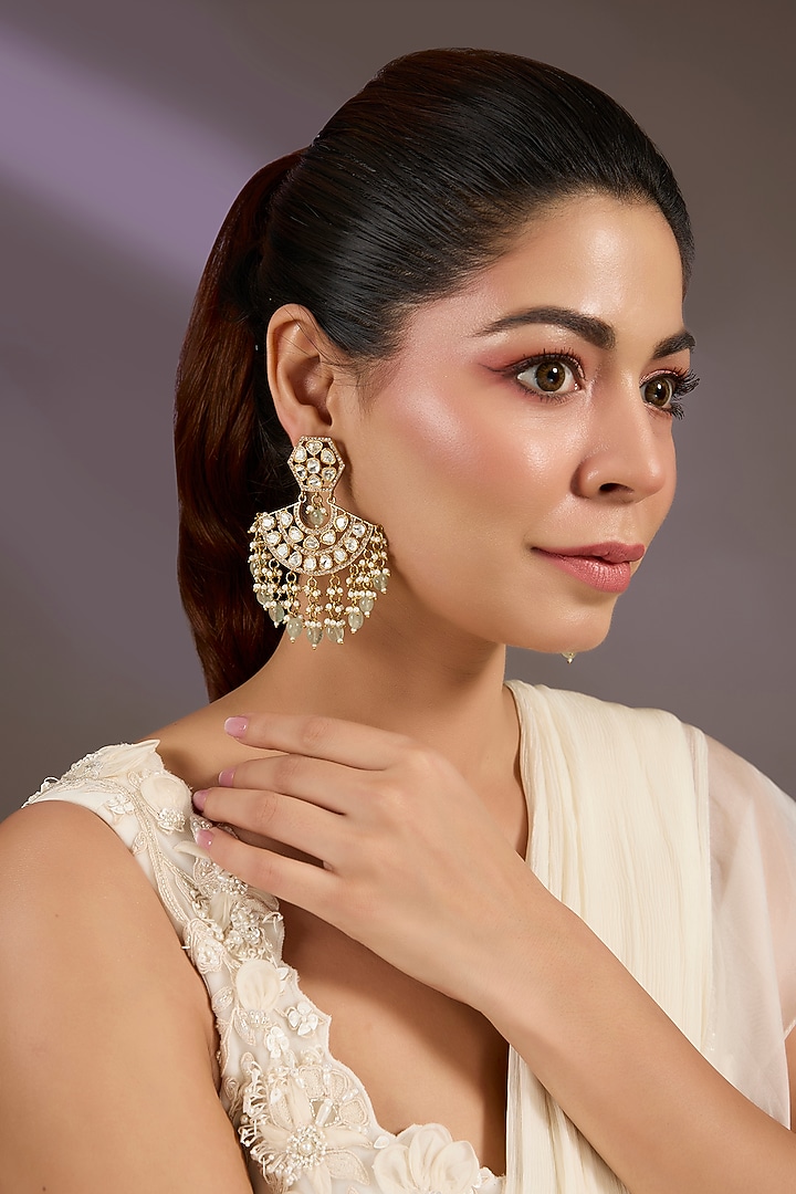 Gold Finish Kundan Polki Chandbali Earrings by Vivinia By Vidhi Mehra at Pernia's Pop Up Shop