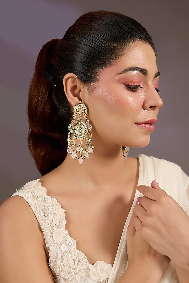 Gold Finish Kundan Polki & Pearl Dangler Earrings by Vivinia By Vidhi Mehra at Pernia's Pop Up Shop