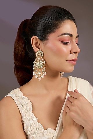 Gold Finish Kundan Polki & Pearl Dangler Earrings by Vivinia By Vidhi Mehra