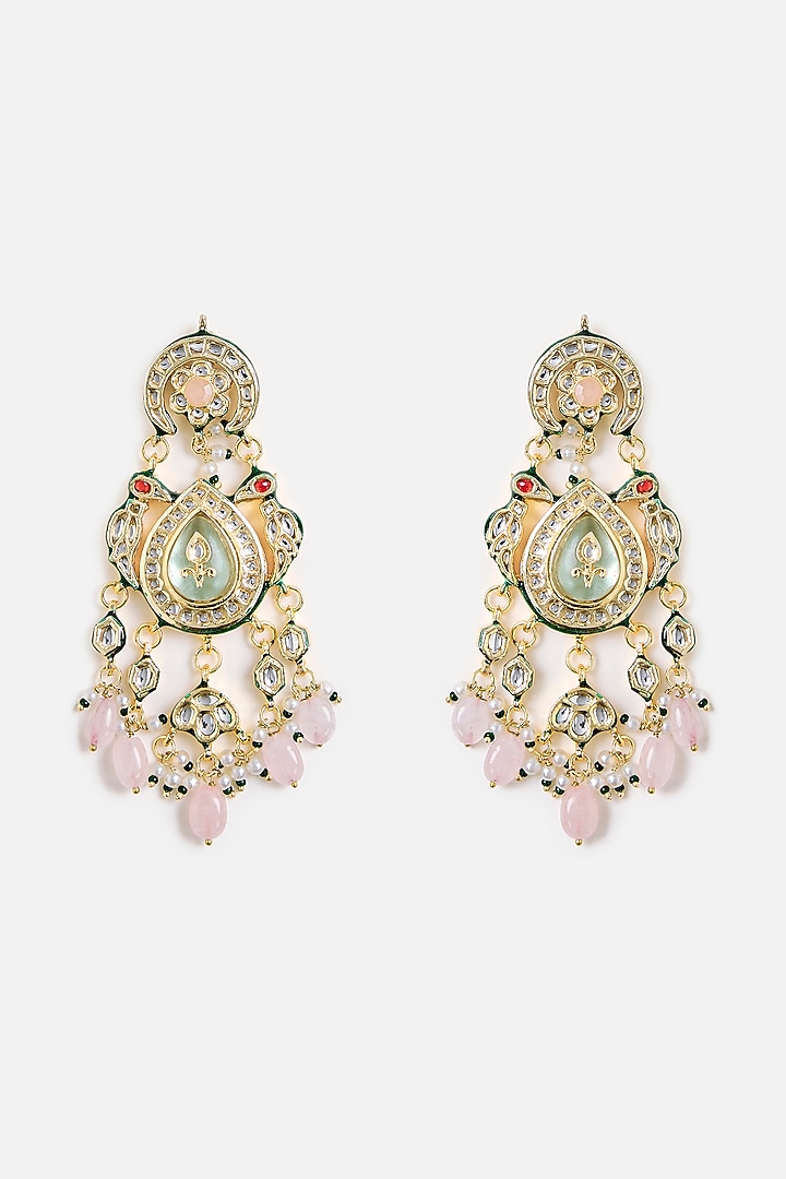 Gold Finish Kundan Polki & Pearl Dangler Earrings by Vivinia By Vidhi Mehra at Pernia's Pop Up Shop