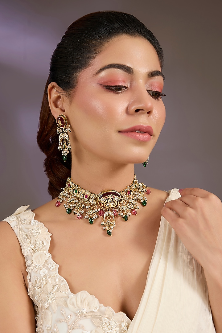 Gold Finish Kundan Polki & Multi-Colored Stone Choker Necklace Set by Vivinia By Vidhi Mehra at Pernia's Pop Up Shop