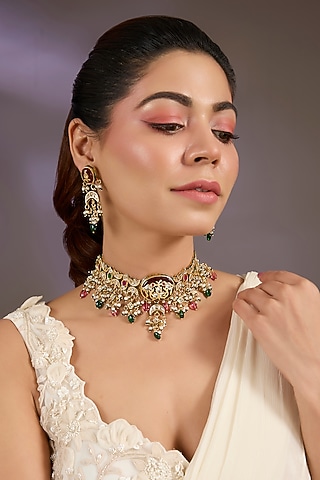 Gold Finish Kundan Polki & Multi-Colored Stone Choker Necklace Set by Vivinia By Vidhi Mehra