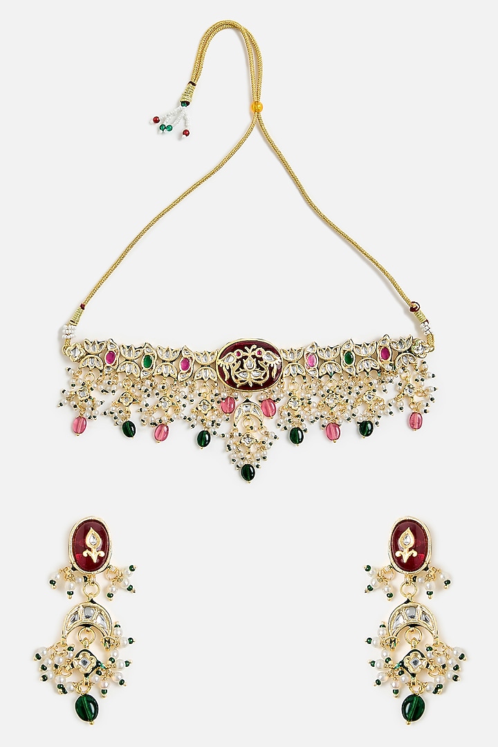 Gold Finish Kundan Polki & Multi-Colored Stone Choker Necklace Set by Vivinia By Vidhi Mehra at Pernia's Pop Up Shop