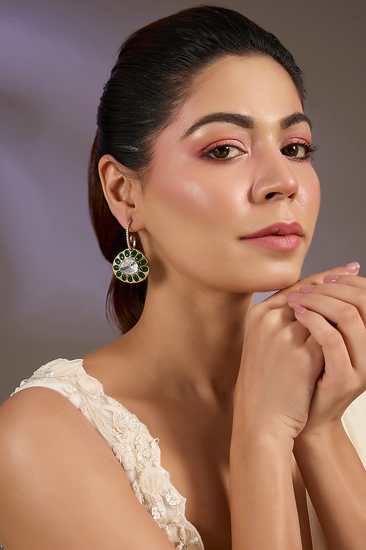 Gold Finish Kundan Polki & Green Stone Dangler Earrings by Vivinia By Vidhi Mehra at Pernia's Pop Up Shop