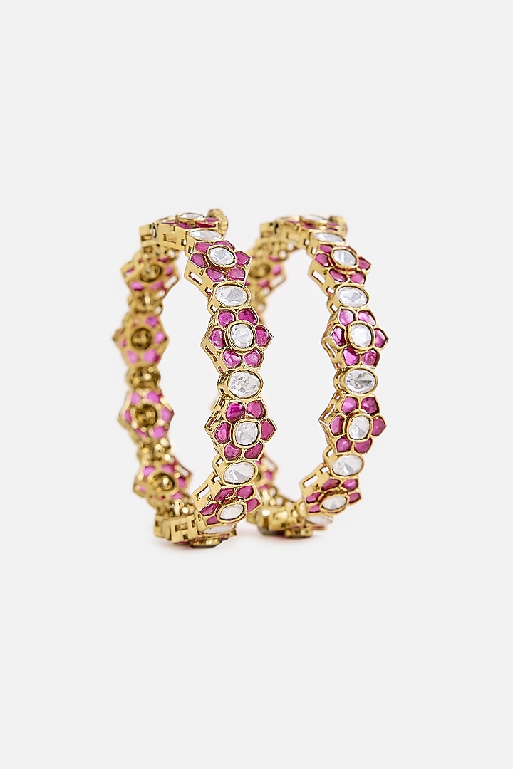 Gold Finish Ruby Kundan Polki Floral Bangles (Set Of 2) by Vivinia By Vidhi Mehra at Pernia's Pop Up Shop