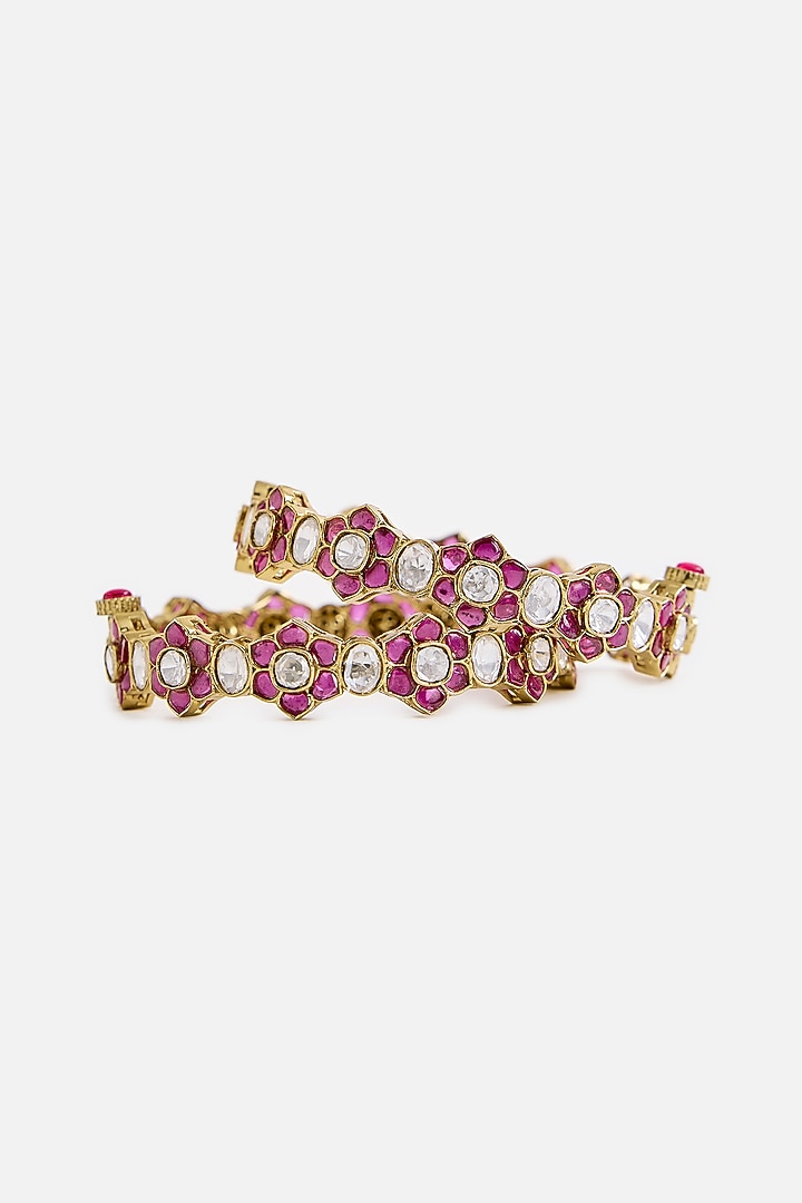 Gold Finish Ruby Kundan Polki Floral Bangles (Set Of 2) by Vivinia By Vidhi Mehra at Pernia's Pop Up Shop