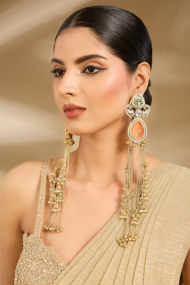 Gold Finish Orange Gemstone Long Dangler Earrings by Vivinia By Vidhi Mehra at Pernia's Pop Up Shop