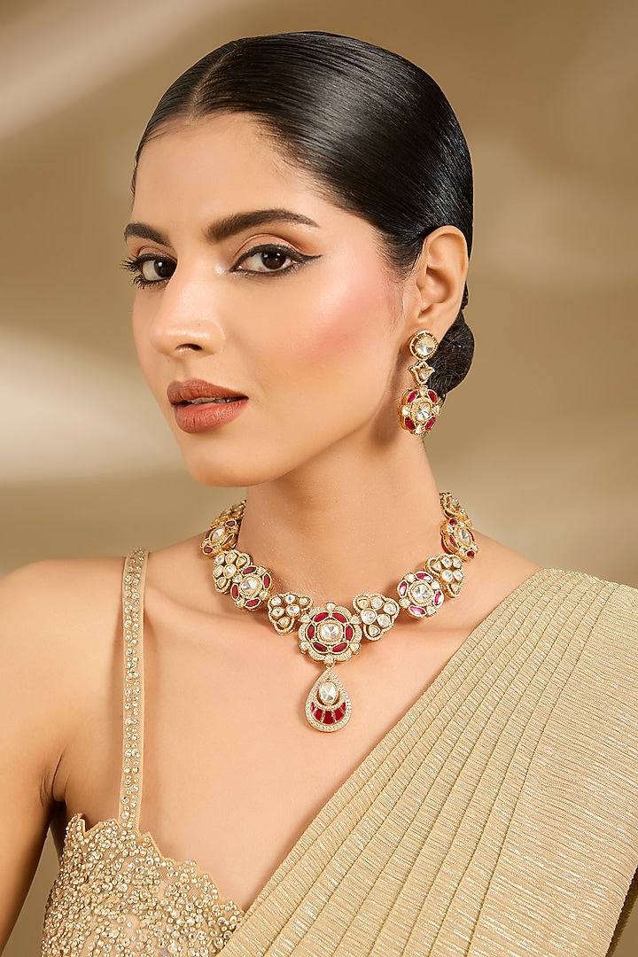 Gold Finish Kundan Polki & Red Gemstone Necklace Set by Vivinia By Vidhi Mehra at Pernia's Pop Up Shop