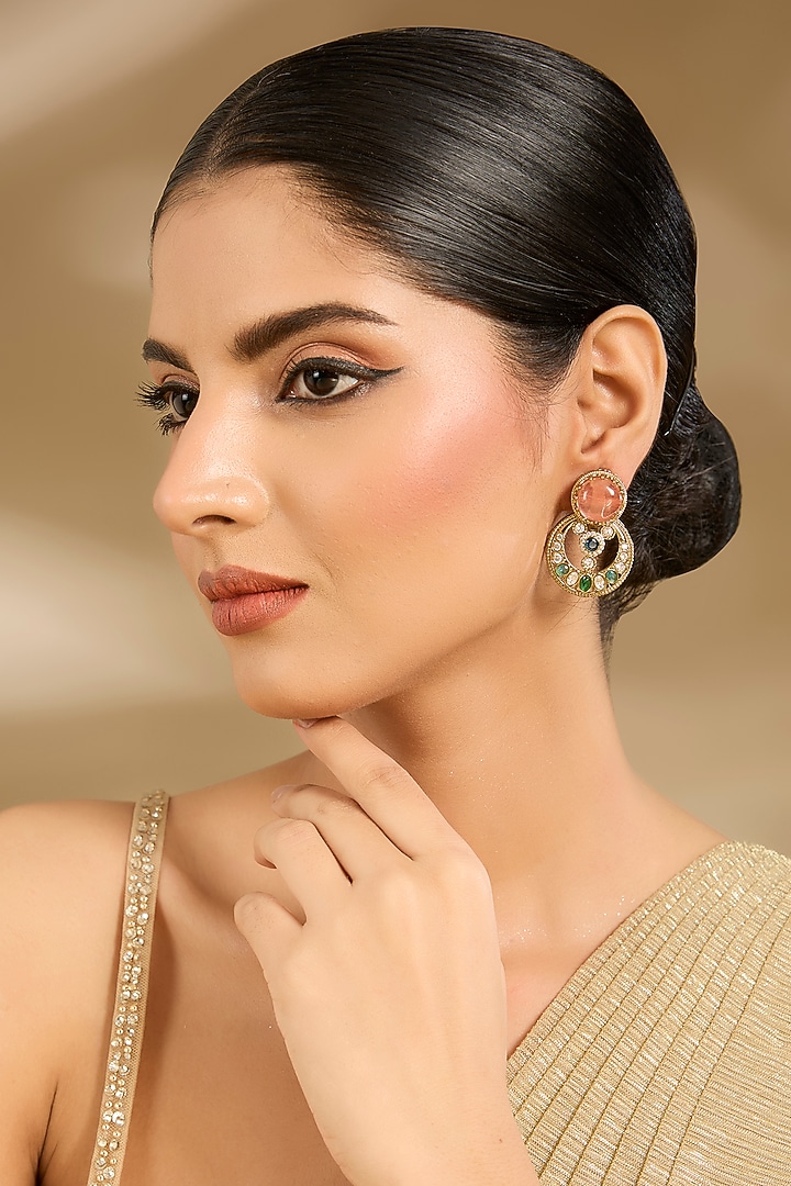 Gold Finish Pink & Green Stone Dangler Earrings by Vivinia By Vidhi Mehra at Pernia's Pop Up Shop