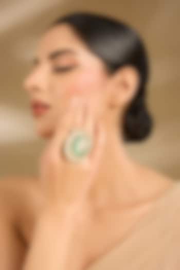Gold Finish Green Stone & Pearl Ring by Vivinia By Vidhi Mehra at Pernia's Pop Up Shop