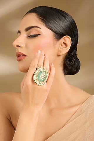 Gold Finish Green Stone & Pearl Ring by Vivinia By Vidhi Mehra