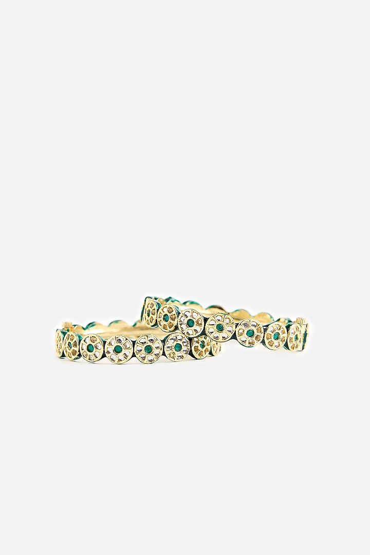 Gold Finish Pearl & Green Stone Bangles (Set Of 2) by Vivinia By Vidhi Mehra at Pernia's Pop Up Shop