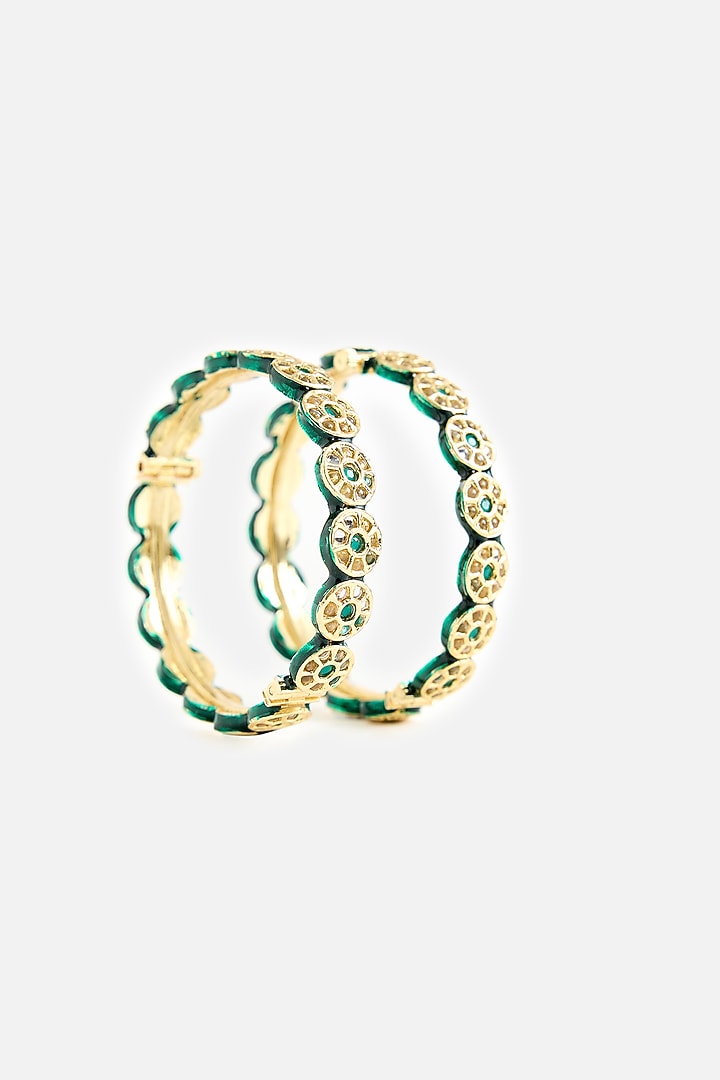 Gold Finish Pearl & Green Stone Bangles (Set Of 2) by Vivinia By Vidhi Mehra at Pernia's Pop Up Shop