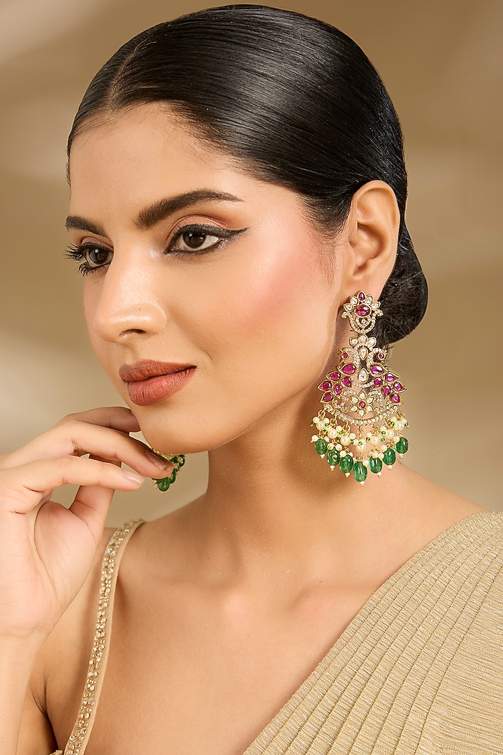 Gold Finish Pearl Drop & Emerald Beaded Chandelier Earrings by Vivinia By Vidhi Mehra at Pernia's Pop Up Shop