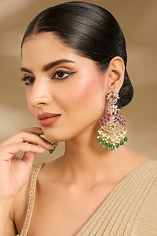 Gold Finish Pearl Drop & Emerald Beaded Chandelier Earrings by Vivinia By Vidhi Mehra