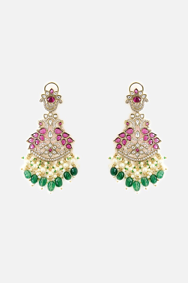 Gold Finish Pearl Drop & Emerald Beaded Chandelier Earrings by Vivinia By Vidhi Mehra at Pernia's Pop Up Shop