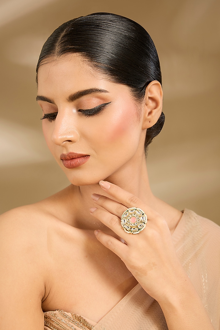 Gold Finish Stone Ring by Vivinia By Vidhi Mehra at Pernia's Pop Up Shop