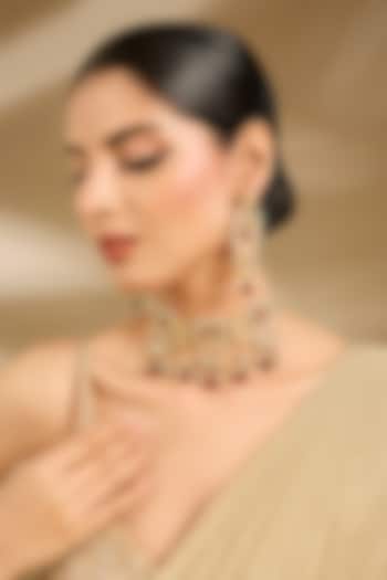 Gold Finish Pearl & Red Stone Choker Necklace Set by Vivinia By Vidhi Mehra at Pernia's Pop Up Shop