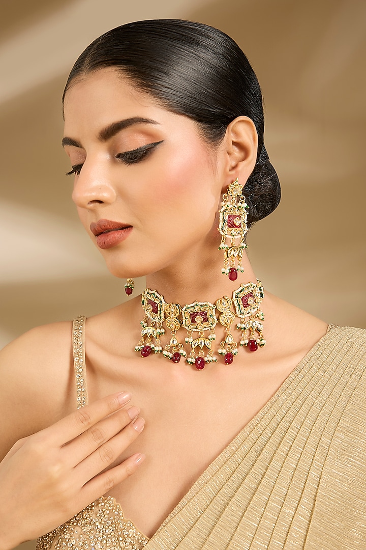 Gold Finish Pearl & Red Stone Choker Necklace Set by Vivinia By Vidhi Mehra at Pernia's Pop Up Shop