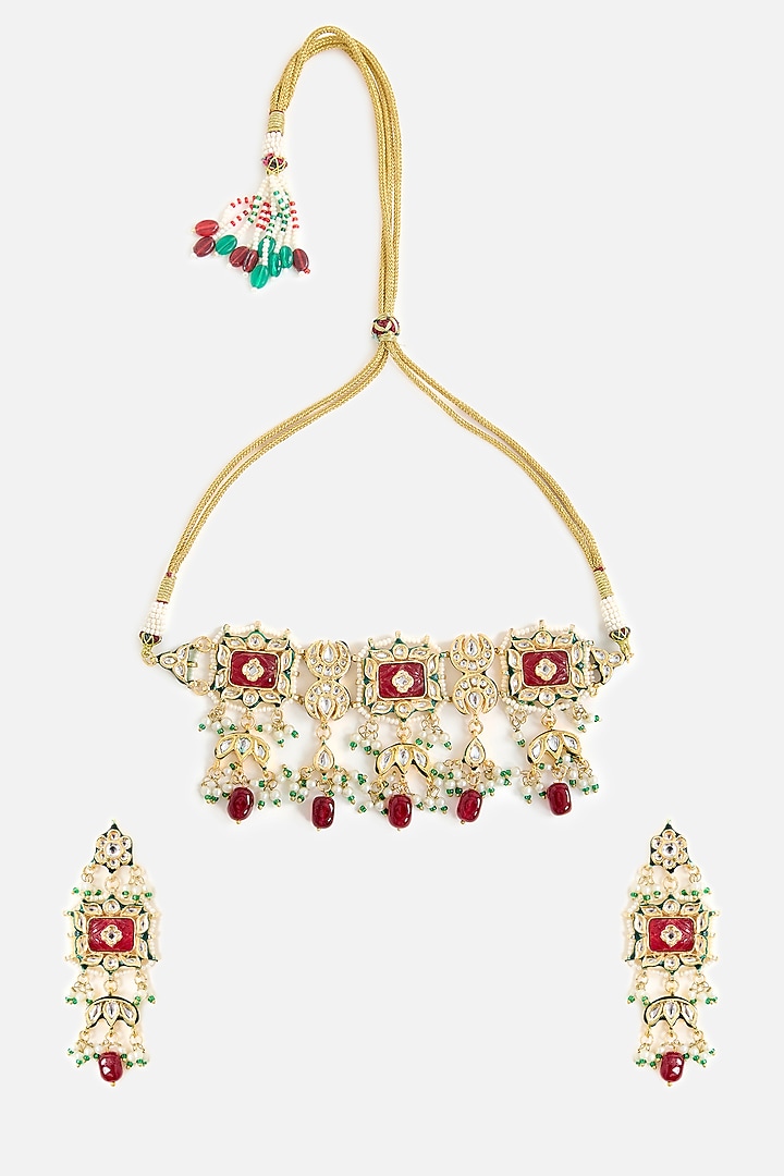 Gold Finish Pearl & Red Stone Choker Necklace Set by Vivinia By Vidhi Mehra at Pernia's Pop Up Shop