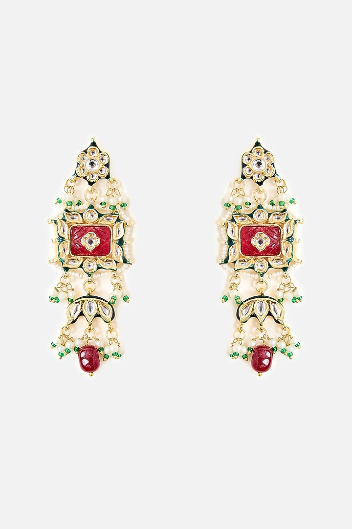 Gold Finish Pearl & Red Stone Choker Necklace Set by Vivinia By Vidhi Mehra at Pernia's Pop Up Shop