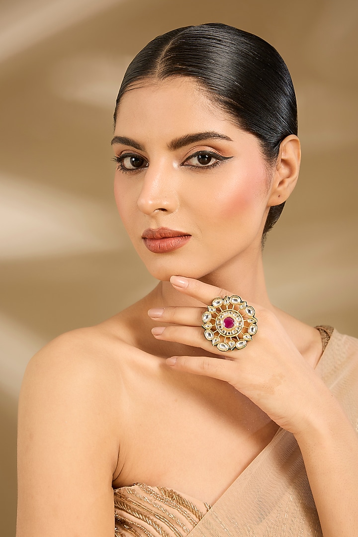 Gold Finish Kundan Polki & Red Stone Ring by Vivinia By Vidhi Mehra at Pernia's Pop Up Shop