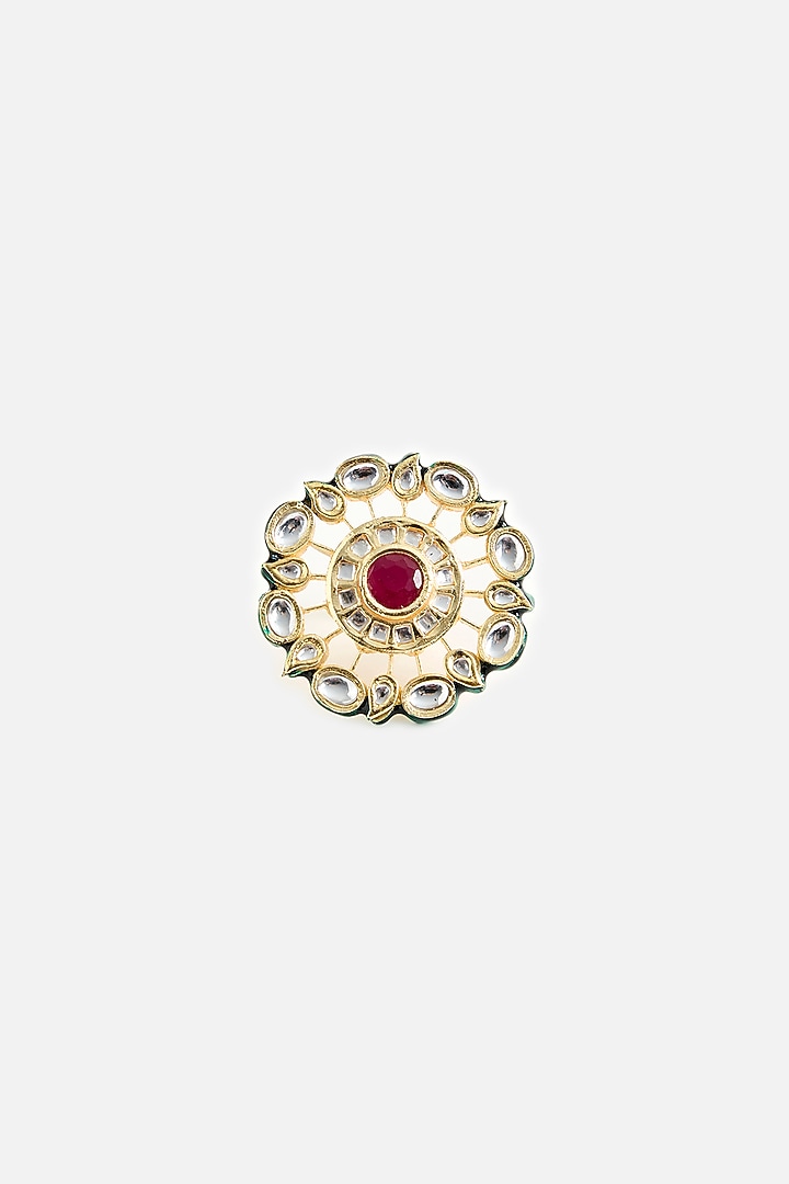 Gold Finish Kundan Polki & Red Stone Ring by Vivinia By Vidhi Mehra at Pernia's Pop Up Shop